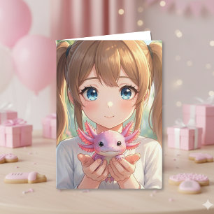 Cartão Menina de Anime' Axolote de Aniversário com Página