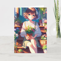 Menina de Anime Bonita segurando uma planta pensan