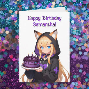 Cartão Menina de Anime e Dragão Feliz Aniversário 