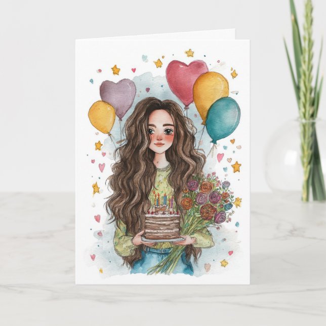 Cartão Menina de Aniversário com Balões (Frente)