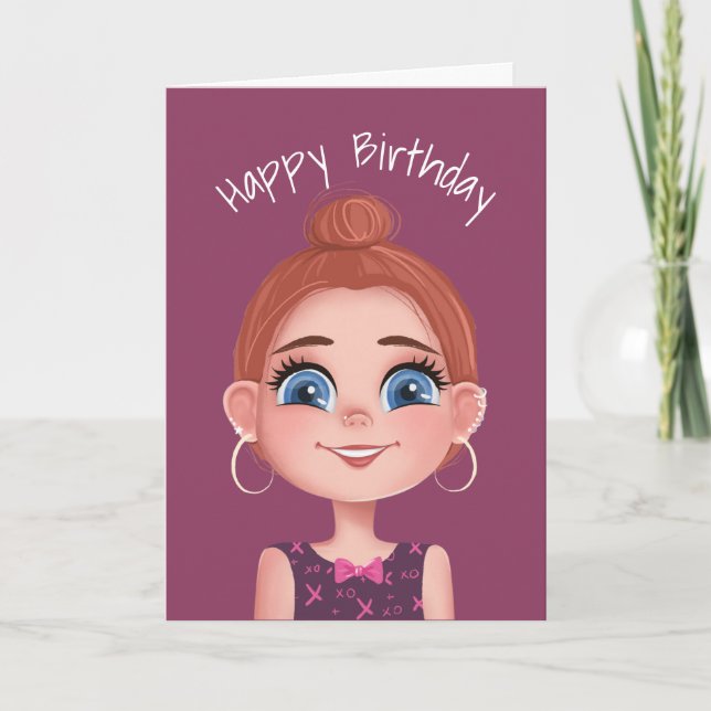Cartão Menina de Aniversário de Desenho Animado Com Olhos (Frente)