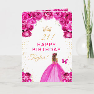Cartão Menina de Cabelo Castanho com Floral Rosa Feliz An