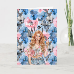 Cartão Menina de Cabelo Vermelho Sorvete Floral Azul Aniv