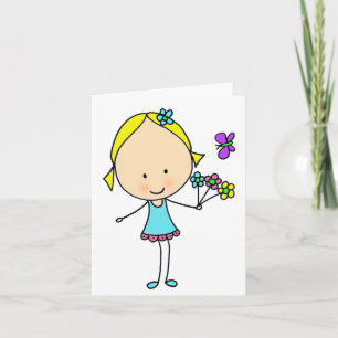 Cartão Menina de Desenho Animado Fofo Com Flores Uso Gené