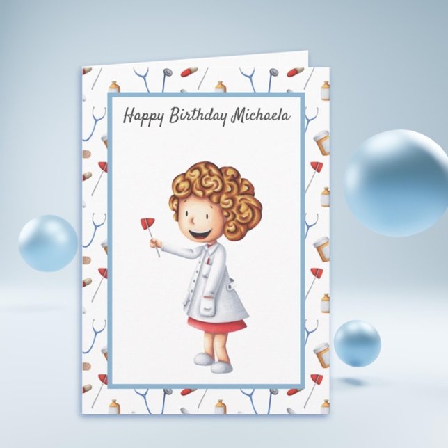 Cartão Menina de doutorado bonita ilustrada e padrão de a (Doctor Birthday Card)
