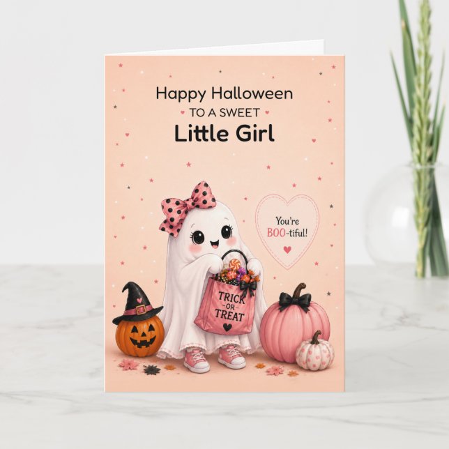 Cartão Menina de Halloween Fantasma Fofo (Frente)