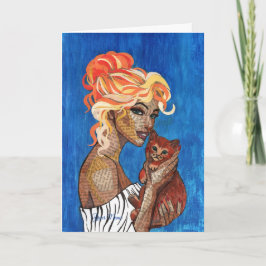Cartão Menina de Jornal Artístico e Gatinho Laranja Cartã
