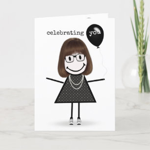 Cartão Menina de Palitinho de Feliz Aniversário com Balão