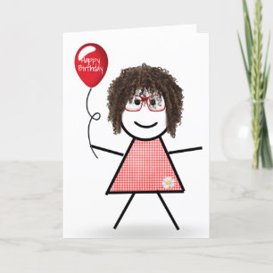 Cartão Menina de palito com balão de aniversário vermelho