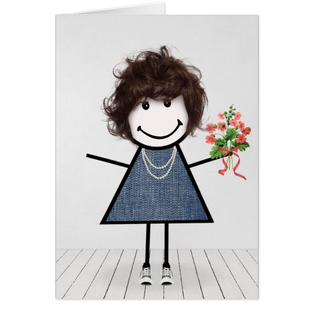Cartão Menina de palito de aniversário com buquê de flore (Frente)