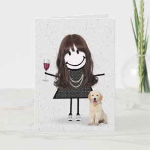 Cartão Menina de palito de aniversário com cachorro