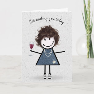 Cartão Menina de palito de aniversário com copo de vinho