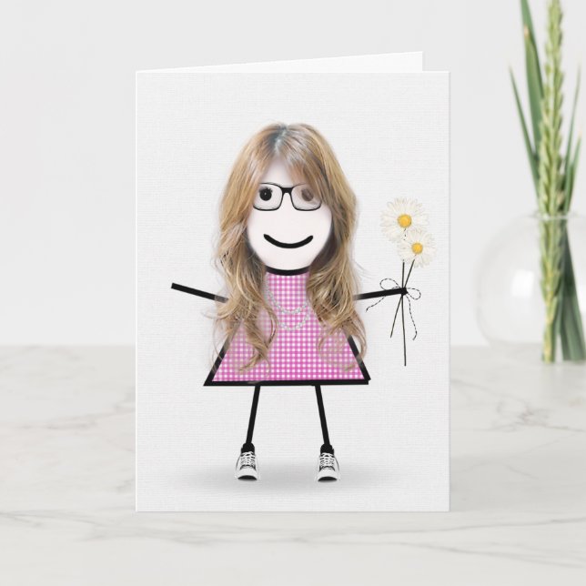 Cartão Menina de palito de aniversário com gingham e marg (Frente)