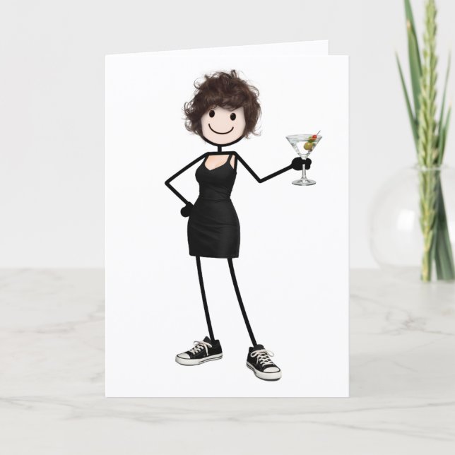 Cartão Menina de palito de aniversário com Martini (Frente)