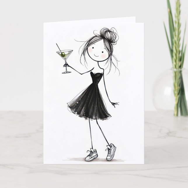 Cartão Menina de palito de aniversário com Martini (Frente)