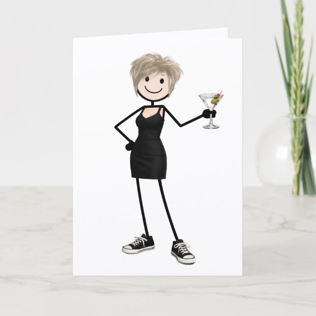 Cartão Menina de palito de aniversário com Martini (Frente)