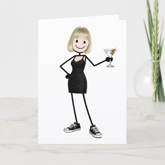Cartão Menina de palito de aniversário com Martini (Frente)