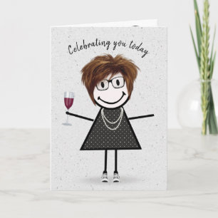 Cartão Menina de palito de aniversário com taça de vinho