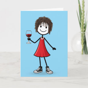 Cartão Menina de palito de aniversário com taça de vinho