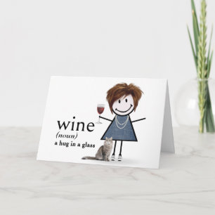 Cartão Menina de palito de aniversário com vinho e gato