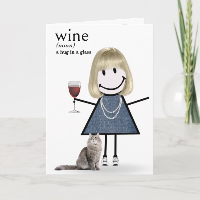 Cartão Menina de palito de aniversário com vinho e gato (Frente)