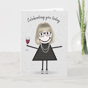 Cartão Menina de palito de aniversário com vinho tinto