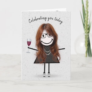 Cartão Menina de palito de aniversário com vinho tinto