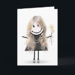 Cartão Menina de palito de aniversário para amiga<br><div class="desc">Menina de palito fofa com cabelo,  tênis,  vestido de bolinhas,  colar de pérolas e buquê de margaridas sobre fundo branco.</div>