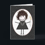 Cartão Menina de palito de aniversário para amiga<br><div class="desc">Linda menina de palito com cabelo,  tênis,  vestido de bolinhas,  colar de pérolas e buquê de margaridas em um fundo de bolinhas pretas e brancas.</div>