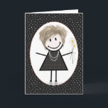 Cartão Menina de palito de aniversário para amiga<br><div class="desc">Menina de palito fofa com cabelo,  tênis,  vestido de bolinhas,  colar de pérolas e buquê de margaridas em fundo de bolinhas pretas e brancas.</div>