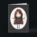 Cartão Menina de palito de aniversário para amiga<br><div class="desc">Linda menina de palito com cabelo,  tênis,  vestido de bolinhas,  colar de pérolas e buquê de margaridas em um fundo de bolinhas preto e branco.</div>