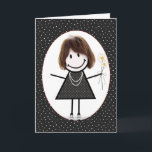 Cartão Menina de palito de aniversário para amiga<br><div class="desc">Menina de palito fofa com cabelo,  tênis,  vestido de bolinhas,  colar de pérolas e buquê de margaridas em um fundo de bolinhas pretas e brancas.</div>