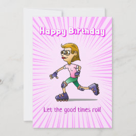 Cartão Menina de Patins Rosa Aniversário