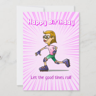 Cartão Menina de Patins Rosa Aniversário