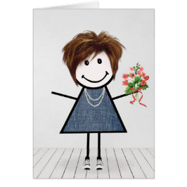 Cartão Menina de Pau com Buquê de Flores de Aniversário