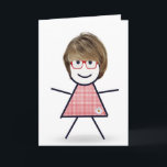 Cartão Menina de Pau Natal para Irmã<br><div class="desc">Linda menina de pau com cabelo,  óculos vermelhos e vestido xadrez em um fundo branco para o aniversário da irmã.
A cor do fundo pode ser alterada.</div>