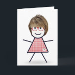 Cartão Menina de Pau Natal para Irmã<br><div class="desc">Linda menina de pau com cabelo,  óculos vermelhos e vestido xadrez em um fundo branco para o aniversário da irmã.
A cor do fundo pode ser alterada.</div>