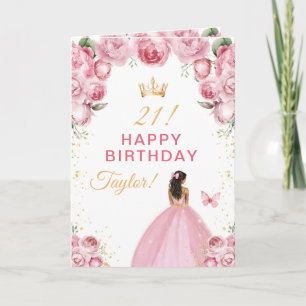 Cartão Menina de Pele Morena com Floral Rosa Feliz Aniver