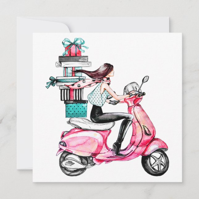 Cartão Menina de Scooter carregando Presentes (Frente)