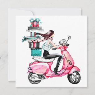 Cartão Menina de scooter carregando presentes