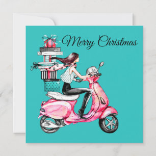 Cartão Menina de scooter carregando presentes