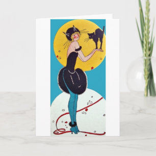 Cartão Menina disfarçada de gato com seu gato preto