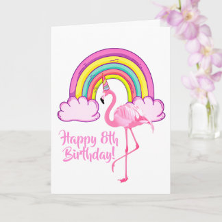 Cartão Menina do Arco-íris Mágico Flamingo Unicórnio 8º A