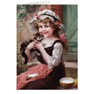 Cartão Menina do vintage e seu gatinho,