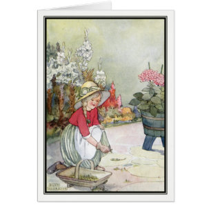 Cartão Menina do vintage que jardina por Anne Anderson