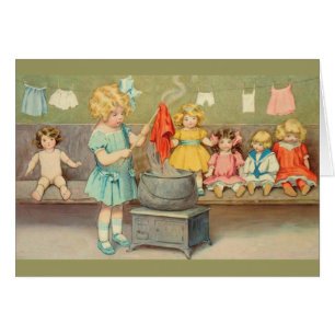 Cartão Menina do vintage que joga com bonecas