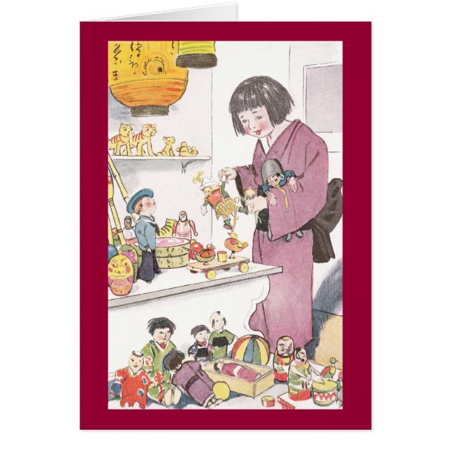 Cartão Menina e bonecas japonesas (Frente)