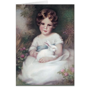 Cartão Menina e coelho, arte do vintage