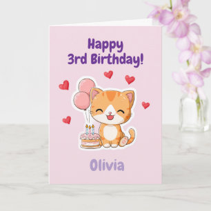 Cartão Menina Feliz Aniversário de 3 Anos Personalizado, 