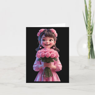 Cartão Menina Fofa Abraçando Flores Design Engraçado Unis